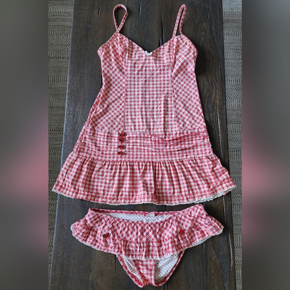 RARE Vintage Betsey Johnson Pin-up Swimdress Red Gingham Size M Bottoms Size L